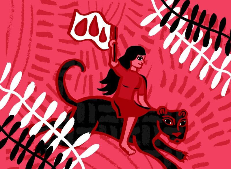 Zeichnung einer Frau, die auf einer Wildkatze reitet und eine Fahne mit Blutstropfen schwenkt